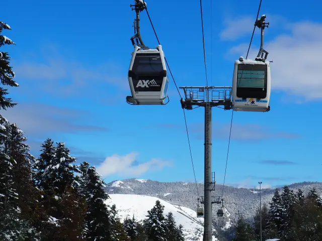 Télécabines suspendues sur un paysage enneigé