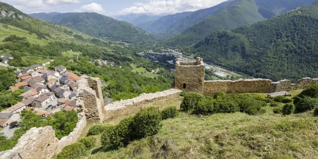 Vue aérienne des ruines d'un château sur une colline verdoyante