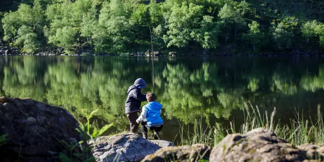 Un adulte et un enfant pêchent au bord d'un lac entouré d'arbres