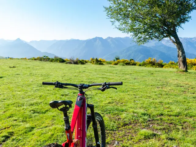 A red bike placed on a dirt path with mountains in the background