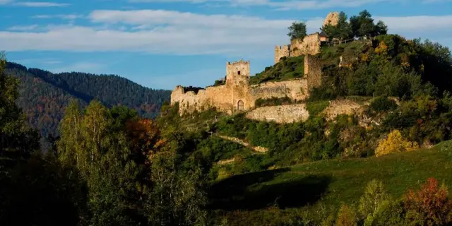 Château médiéval situé sur une colline verdoyante