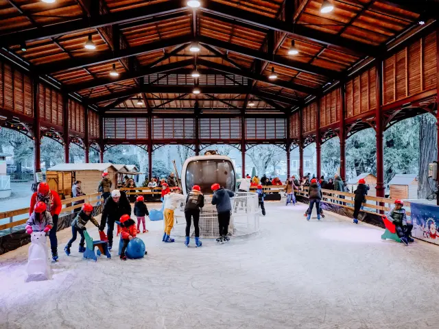 Children ice skating in a wooden covered rink