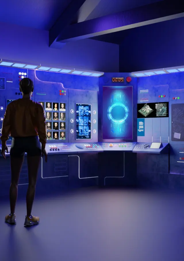 Quatre personnes dans une salle de contrôle futuriste avec des écrans et des panneaux lumineux