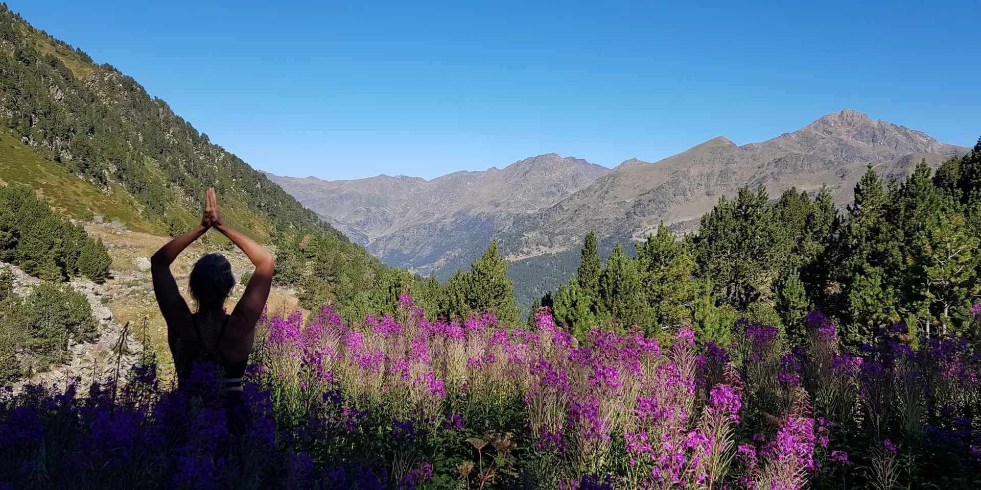 Personne pratiquant le yoga devant un paysage montagneux