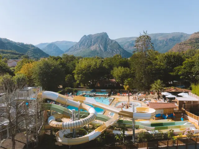 Aerial view of a water park with slides and pools