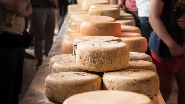 Présentation des fromages posés sur des tables lors de la fête des bergers à Aramits