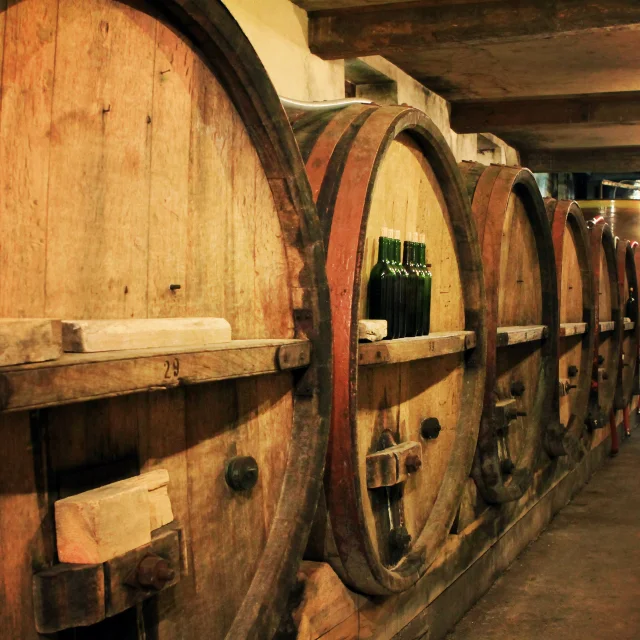 Tonneaux de vin du Clos Guirouilh à Lasseube dans une cave