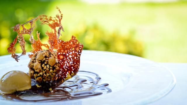 Plato con postre Restaurante Chez Germaine en Geus D'Oloron