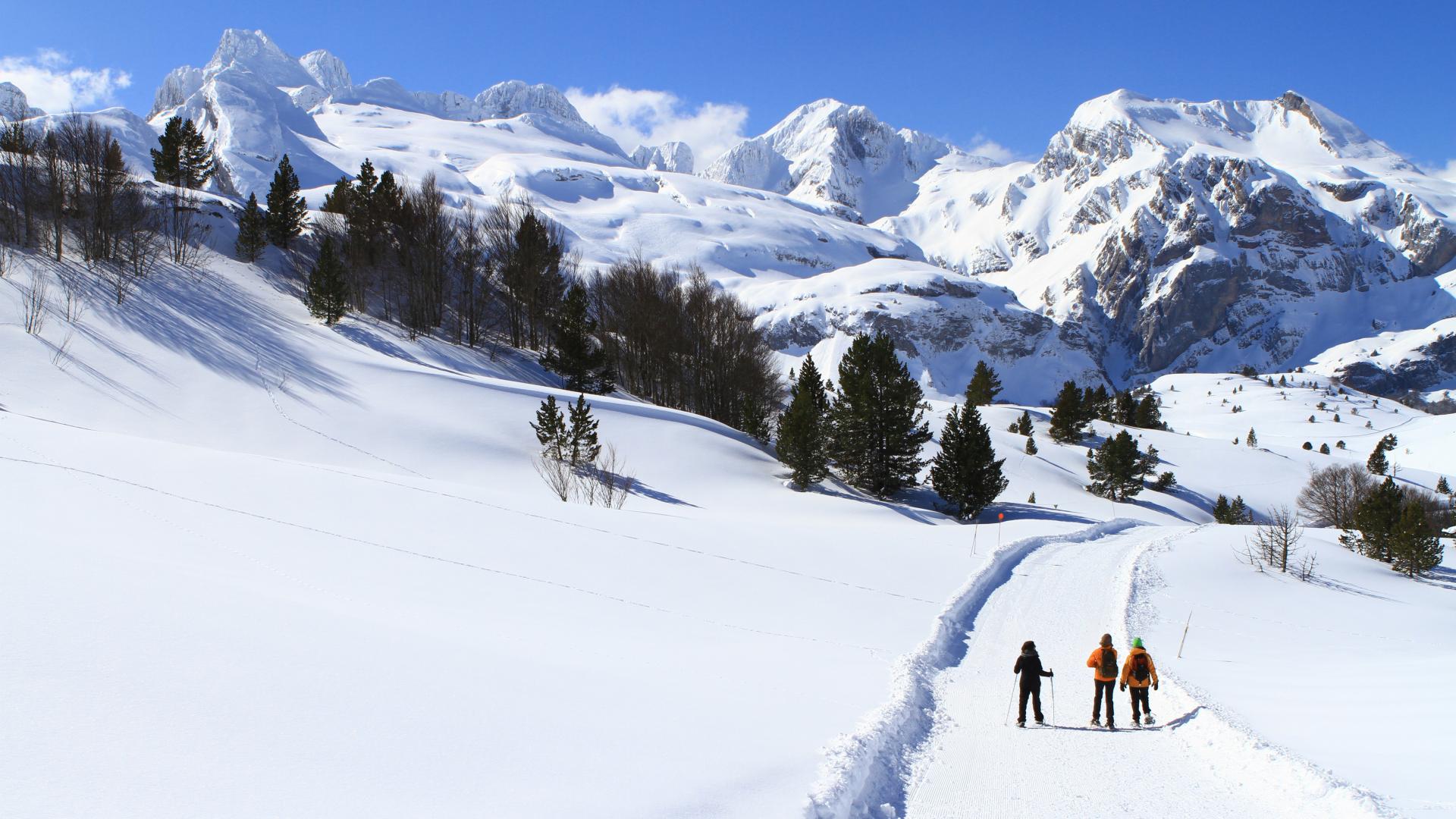 Paseo con raquetas de nieve con paisaje de montaña en la estacion de Somport