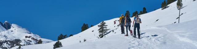 Raquettes à neige en Pyrénées béarnaises, vallée d'Aspe, espace nordique du Somport