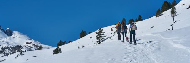 Raquettes à neige en Pyrénées béarnaises, vallée d'Aspe, espace nordique du Somport
