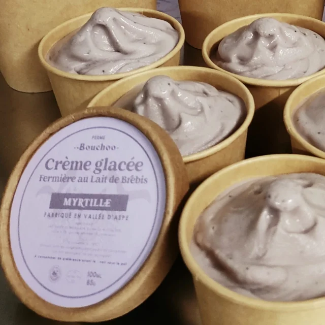 Découvrez la spécialité de la Ferme Bouchoo en Vallée d'Aspe : des glaces artisanales au lait de brebis déclinées avec différents parfums : foin, myrtille...