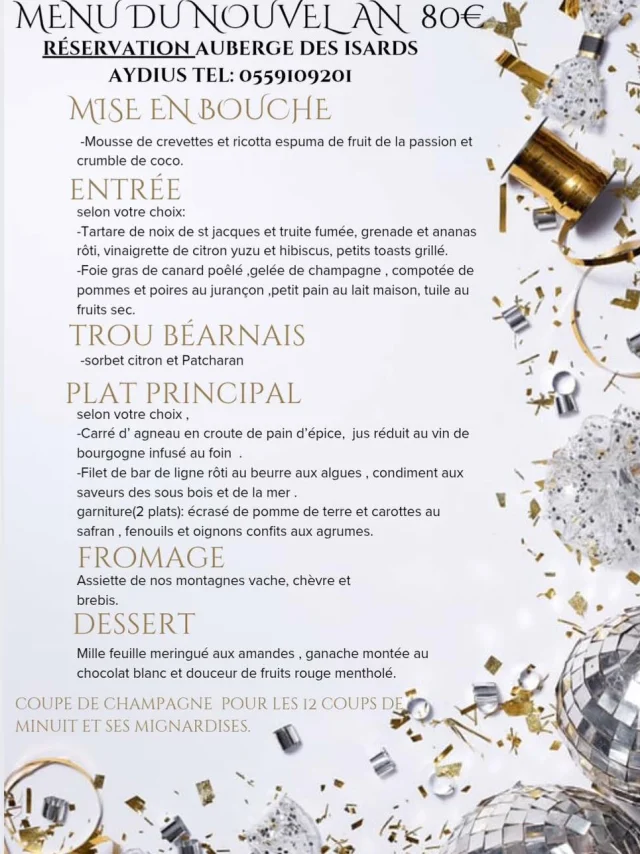 Menu festif du 31 décembre à l'auberge d'Aydius en Vallée d'Aspe, Pyrénées béarnaises