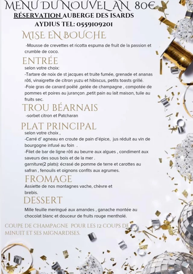 Menu festif du 31 décembre à l'auberge d'Aydius en Vallée d'Aspe, Pyrénées béarnaises