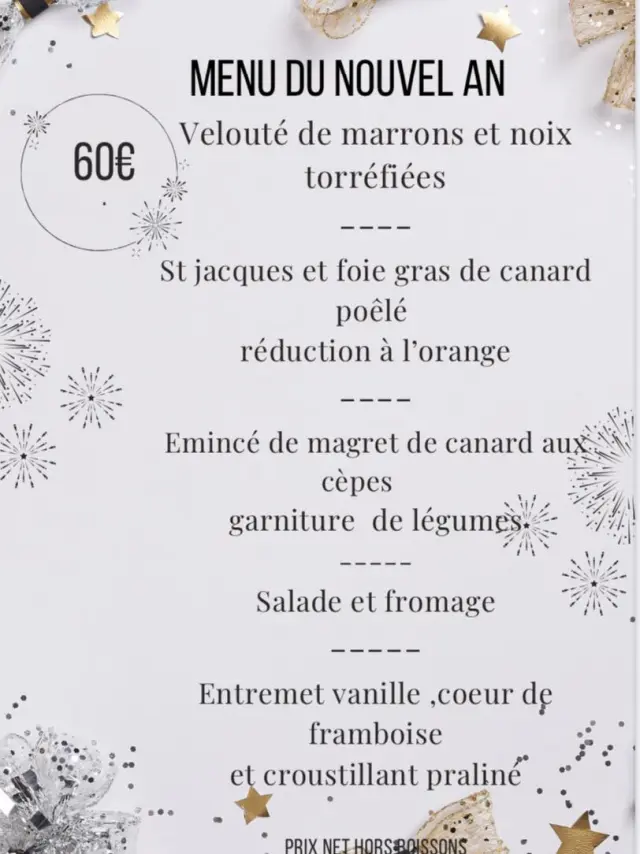 Menu du réveillon de la Saint-Sylvestre à l'Hôtel des Voyageurs, à Urdos, Vallée d'Aspe, Pyrénées béarnaises