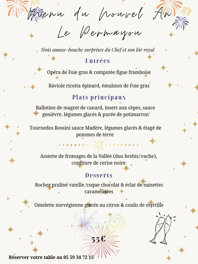 Menu du réveillon de la Saint-Sylvestre au Permayou à Accous, Vallée d'Aspe, Pyrénées béarnaises