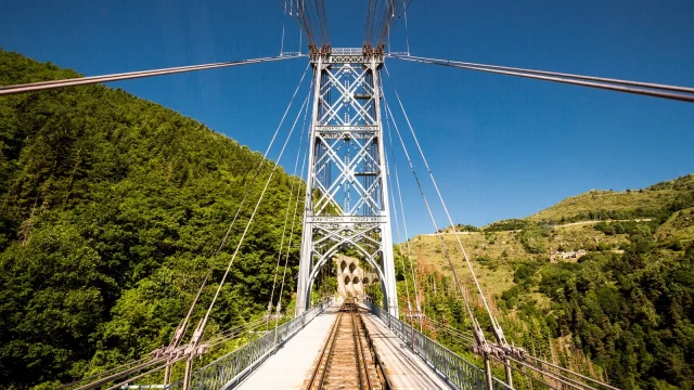 Vue sur les rails et la structure métallique du pont Gisclard, entouré de montagnes verdoyantes sous un ciel bleu.