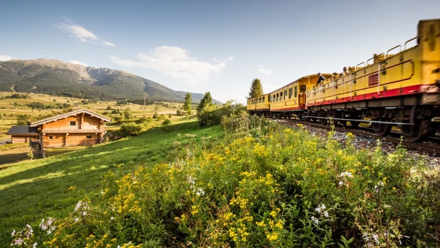 Le Train Jaune traverse un paysage de montagne verdoyant, bordé de fleurs sauvages et d’un chalet en bois, sous un ciel clair des Pyrénées-Orientales.