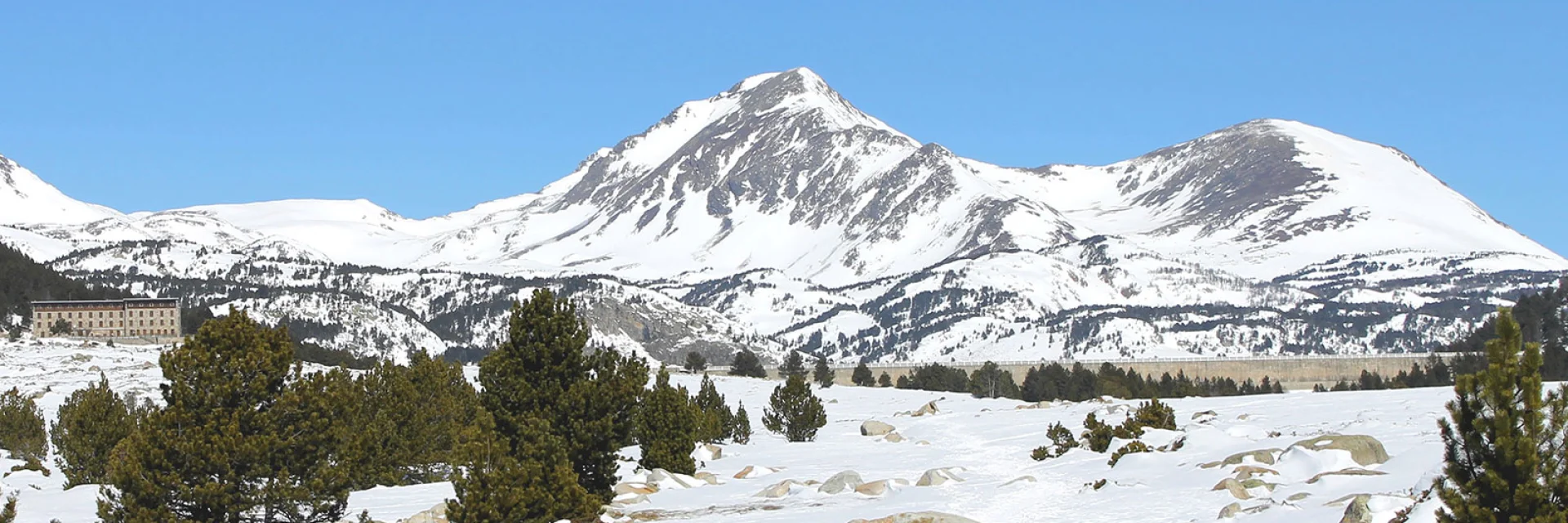 Paysage de montagne enneigée dans les Pyrénées-Orientales, avec le pic du Cambre d’Aze sous un ciel bleu et quelques pins épars sur la neige.