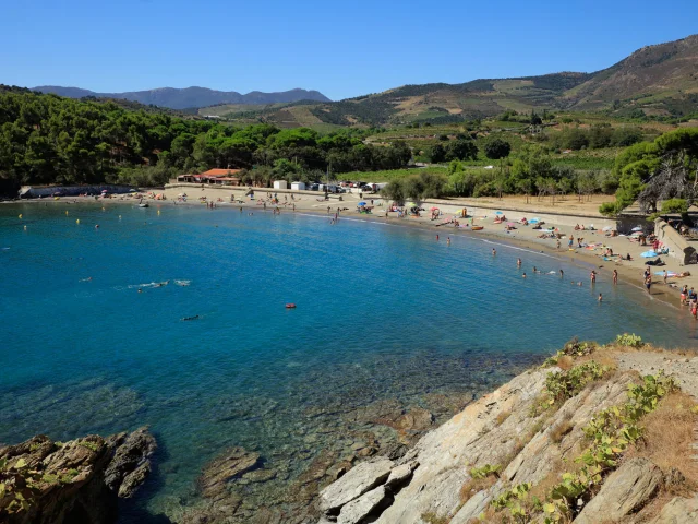 Plage de la crique de Paulilles dans les Pyrénées-Orientales, bordée d’eaux turquoise et entourée de collines verdoyantes.