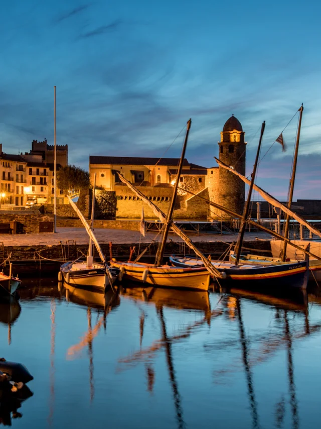 Vue du port de Collioure à la tombée de la nuit, avec les barques catalanes amarrées et l’église Notre-Dame-des-Anges illuminée en arrière-plan.