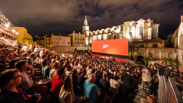 Projection en plein air du festival Visa pour l’Image à Perpignan devant un large public.