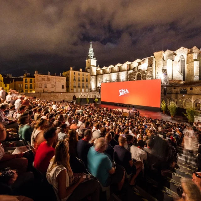 Projection en plein air du festival Visa pour l’Image à Perpignan devant un large public.
