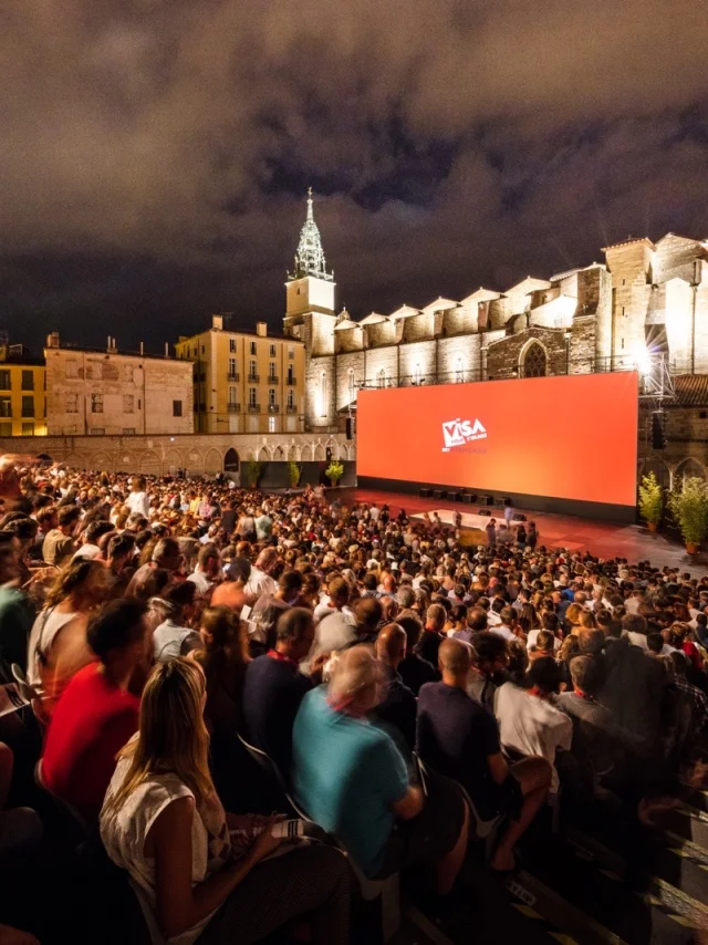 Projection en plein air du festival Visa pour l’Image à Perpignan devant un large public.