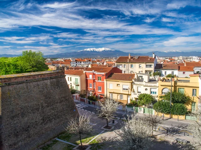 Vue sur les remparts du Palais des Rois de Majorque à Perpignan, avec les toits colorés de la ville et le Canigó enneigé en arrière-plan.