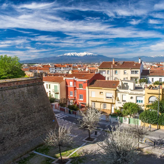 Vue sur les remparts du Palais des Rois de Majorque à Perpignan, avec les toits colorés de la ville et le Canigó enneigé en arrière-plan.