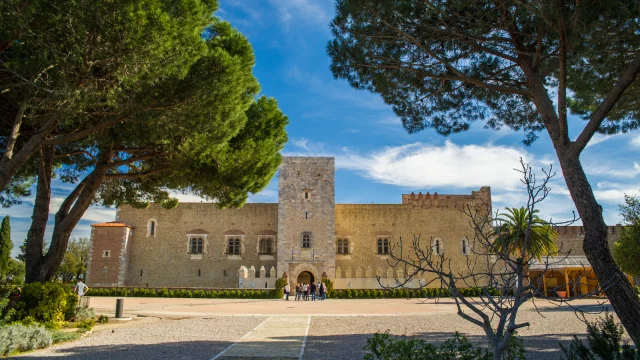 Façade principale du Palais des Rois de Majorque à Perpignan, vue depuis les jardins, encadrée par des pins sous un ciel bleu.