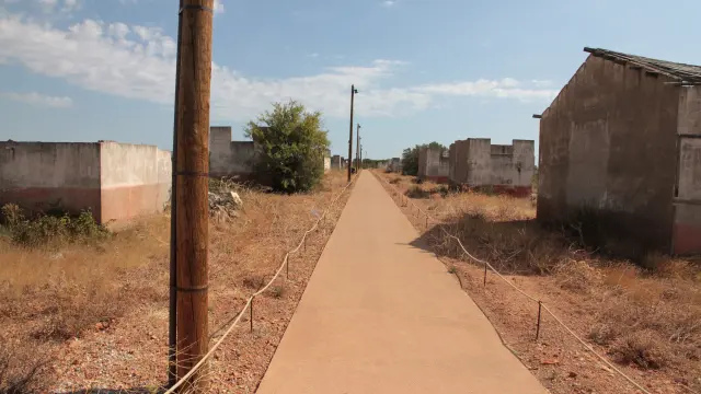 Allée centrale du site historique du Camp de Rivesaltes bordée de bâtiments en ruine et de végétation sèche sous un ciel bleu.