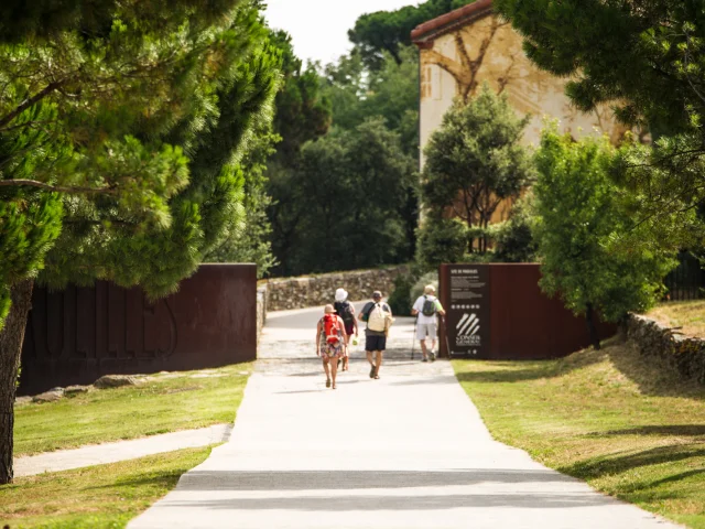 Entrée du site classé de Paulilles, à Port-Vendres, avec plusieurs promeneurs marchant sur une allée bordée de pins menant vers les bâtiments du site.