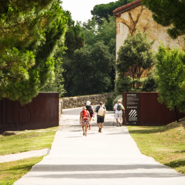 Entrée du site classé de Paulilles, à Port-Vendres, avec plusieurs promeneurs marchant sur une allée bordée de pins menant vers les bâtiments du site.