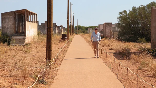 Personne marchant sur l’allée centrale du site du Camp de Rivesaltes, bordée de ruines de baraquements et de végétation sèche.