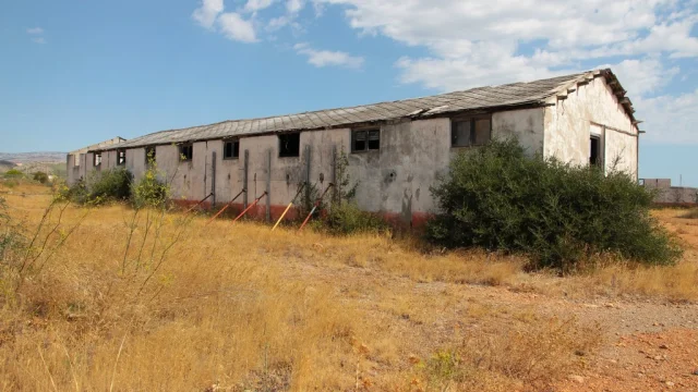 Ancien baraquement en ruine du Camp de Rivesaltes, entouré de végétation sèche sous un ciel bleu partiellement nuageux.