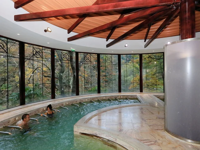 Deux personnes se détendent dans une piscine thermale intérieure entourée de grandes baies vitrées ouvrant sur la forêt.