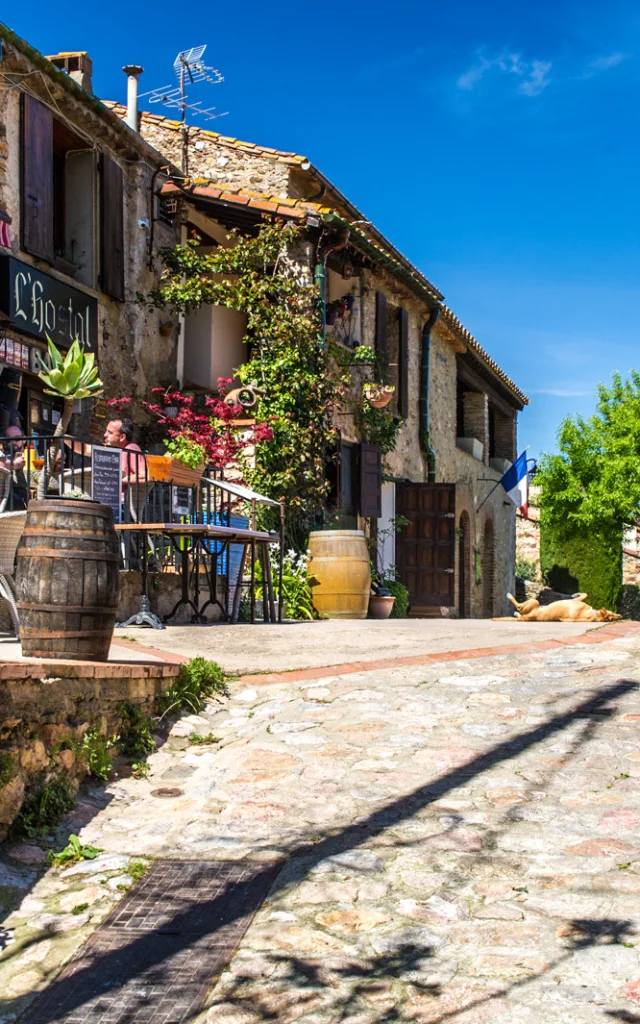 Ruelle pavée bordée de maisons en pierre avec une terrasse fleurie de restaurant, sous un ciel bleu ensoleillé.