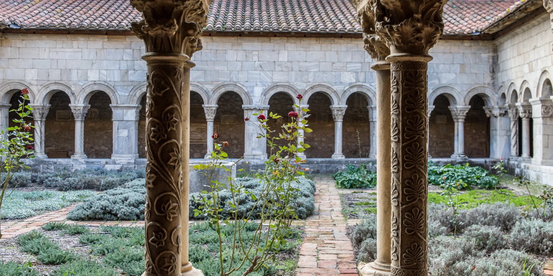 Vue du cloître roman avec ses colonnes sculptées et son jardin intérieur planté de lavandes et de rosiers.