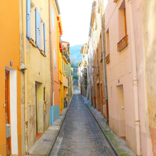 Ruelle étroite et pavée bordée de maisons colorées dans le centre historique de Céret.