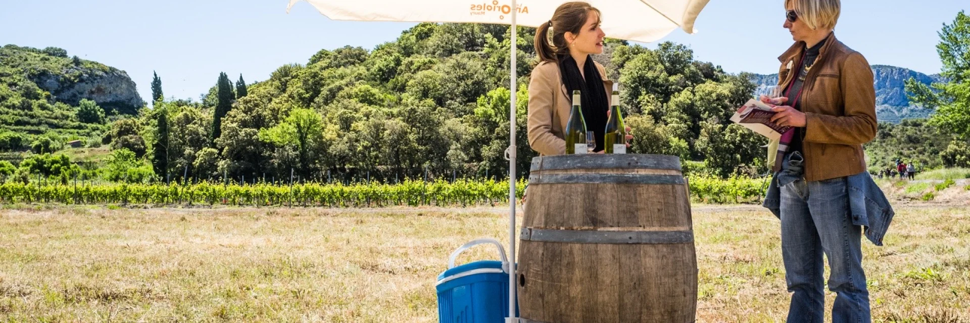 Dégustation de vins en plein air dans un vignoble, une vigneronne échange avec une visiteuse sous un parasol, bouteilles posées sur un tonneau.