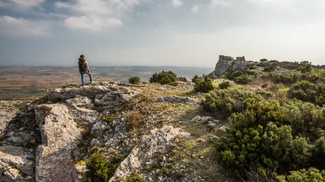Randonneur sur un promontoire rocheux dominant la plaine du Roussillon, face aux ruines du château d’Opoul-Périllos sous un ciel légèrement voilé.