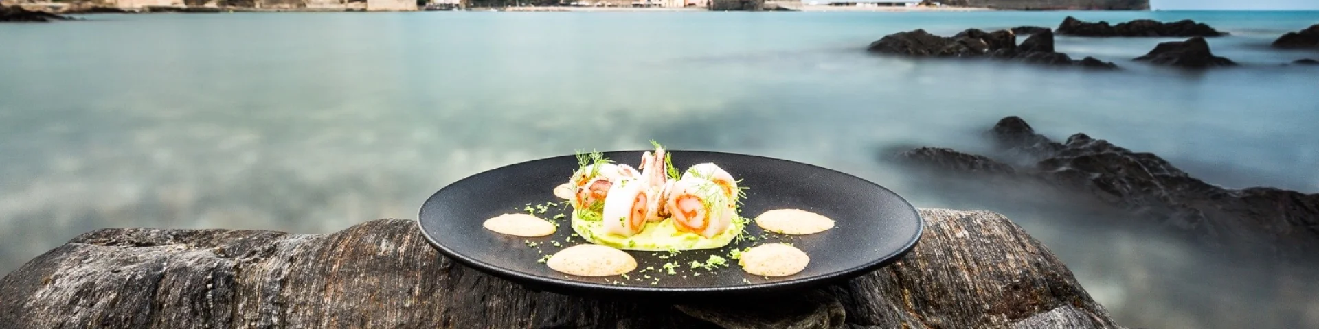 Assiette gastronomique dressée sur un rocher face à la baie de Collioure, avec vue sur le Château Royal et l’église Notre-Dame-des-Anges.