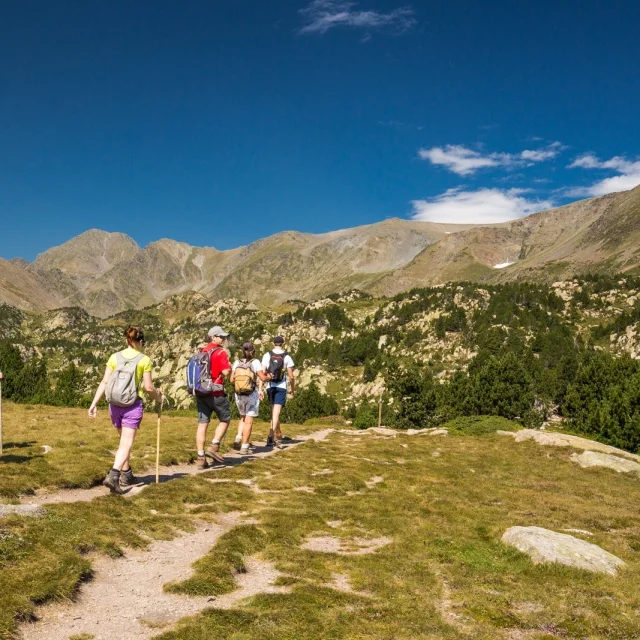 Groupe de randonneurs sur un sentier de montagne, marchant sous un ciel bleu limpide face aux sommets du massif du Canigó.
