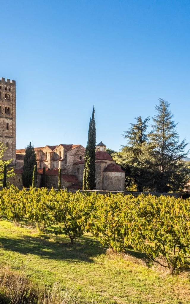 Vue de l’abbaye Saint-Michel de Cuxa entourée de vergers, au pied des montagnes, sous un ciel bleu limpide.