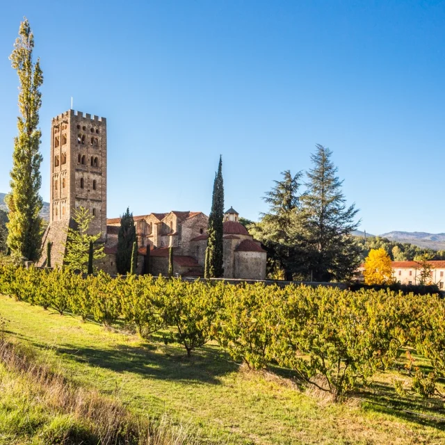 Vue de l’abbaye Saint-Michel de Cuxa entourée de vergers, au pied des montagnes, sous un ciel bleu limpide.