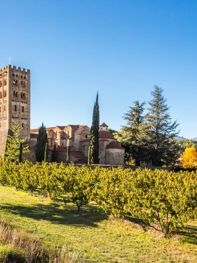 Vue de l’abbaye Saint-Michel de Cuxa entourée de vergers, au pied des montagnes, sous un ciel bleu limpide.