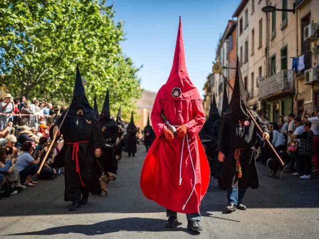 Pénitents vêtus de noir et de rouge défilant dans les rues de Perpignan lors de la Procession de la Sanch, sous le regard du public rassemblé.