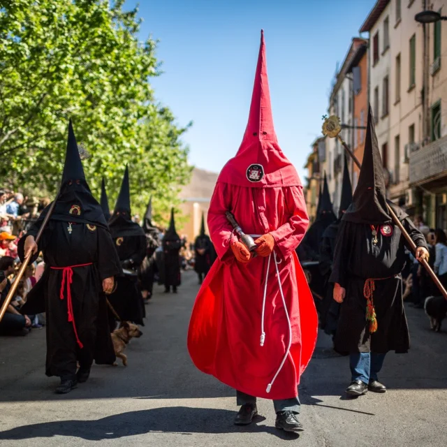 Pénitents vêtus de noir et de rouge défilant dans les rues de Perpignan lors de la Procession de la Sanch, sous le regard du public rassemblé.