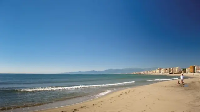 Plage de sable fin au Barcarès, bordée par la mer Méditerranée et les immeubles du front de mer, avec les montagnes du Canigó à l’horizon.